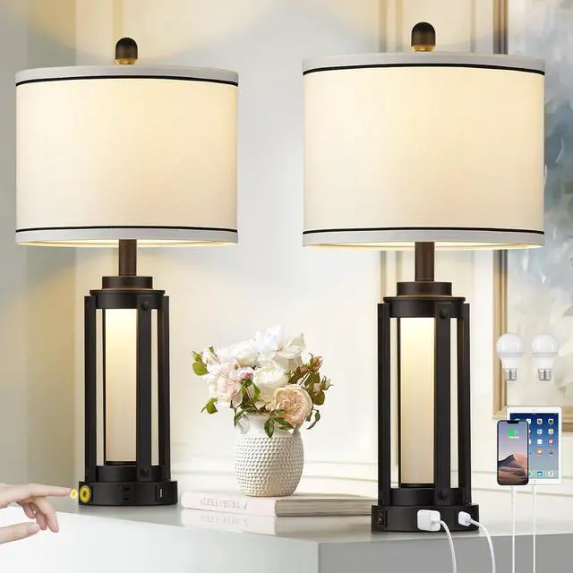 Main image of Industrial Table Lamps Set of 2, Modern Beside Lamp with USB A+C Charging Ports & AC Outlet, Rustic Nightstand Lamp with LED Night Light for Living Room Bedroom End Table Entryway Black Bulbs Included