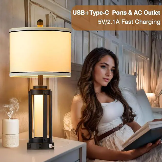 Alt view image 2 of 7 - Industrial Table Lamps Set of 2, Modern Beside Lamp with USB A+C Charging Ports & AC Outlet, Rustic Nightstand Lamp with LED Night Light for Living Room Bedroom End Table Entryway Black Bulbs Included