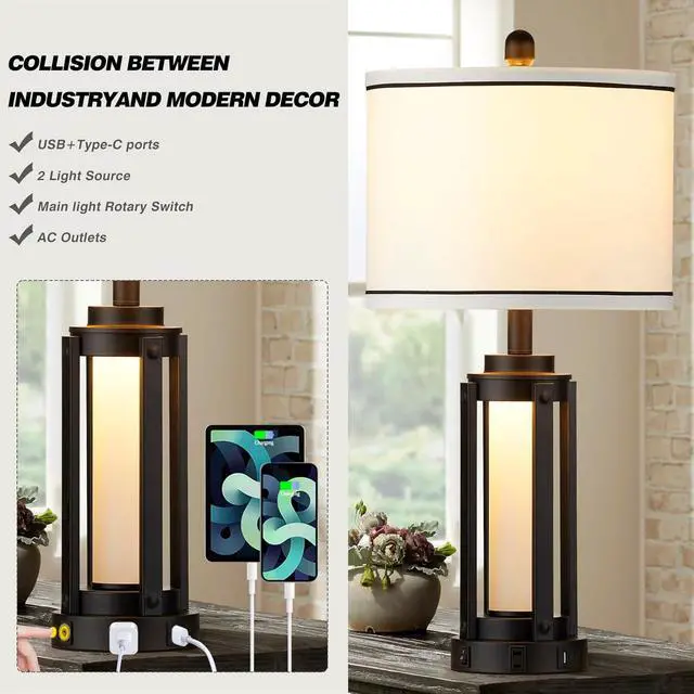Alt view image 3 of 7 - Industrial Table Lamps Set of 2, Modern Beside Lamp with USB A+C Charging Ports & AC Outlet, Rustic Nightstand Lamp with LED Night Light for Living Room Bedroom End Table Entryway Black Bulbs Included