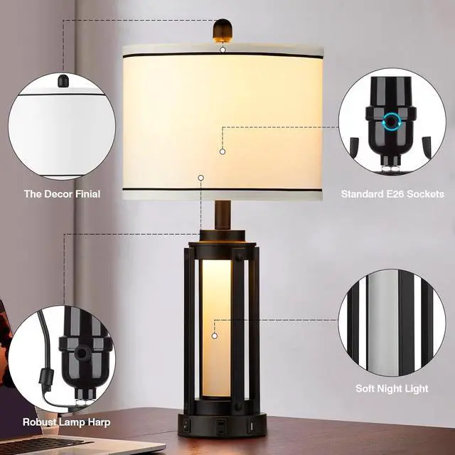Alt view image 4 of 7 - Industrial Table Lamps Set of 2, Modern Beside Lamp with USB A+C Charging Ports & AC Outlet, Rustic Nightstand Lamp with LED Night Light for Living Room Bedroom End Table Entryway Black Bulbs Included