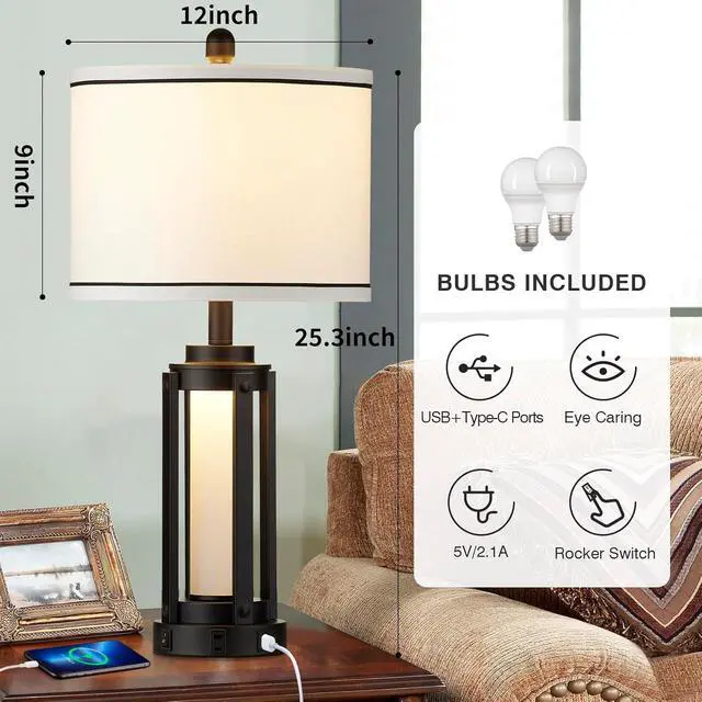 Alt view image 5 of 7 - Industrial Table Lamps Set of 2, Modern Beside Lamp with USB A+C Charging Ports & AC Outlet, Rustic Nightstand Lamp with LED Night Light for Living Room Bedroom End Table Entryway Black Bulbs Included