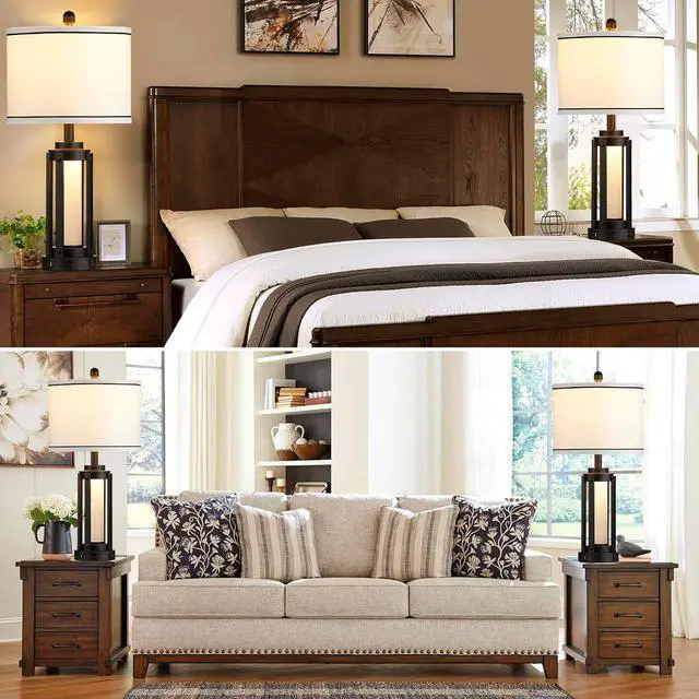 Alt view image 7 of 7 - Industrial Table Lamps Set of 2, Modern Beside Lamp with USB A+C Charging Ports & AC Outlet, Rustic Nightstand Lamp with LED Night Light for Living Room Bedroom End Table Entryway Black Bulbs Included