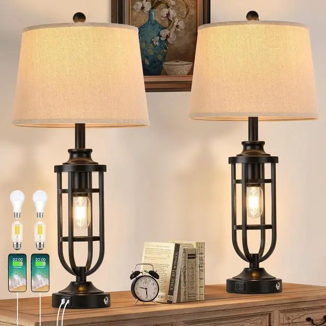 Main image of 28" Table Lamps for Living Room Set of 2, Farmhouse Lamps for Night Stands with USB A+C, Bedside Lamps for Bedroom End Tables, Bulbs Included, Black