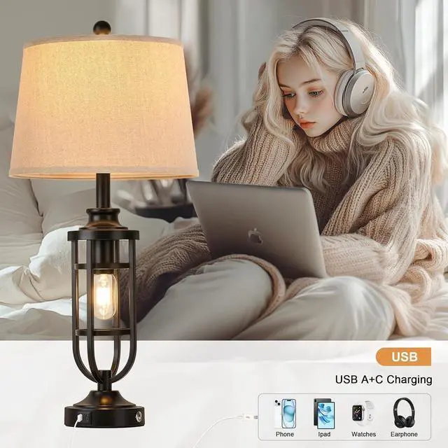Alt view image 2 of 6 - 28" Table Lamps for Living Room Set of 2, Farmhouse Lamps for Night Stands with USB A+C, Bedside Lamps for Bedroom End Tables, Bulbs Included, Black