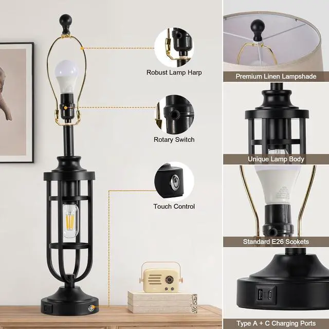 Alt view image 4 of 6 - 28" Table Lamps for Living Room Set of 2, Farmhouse Lamps for Night Stands with USB A+C, Bedside Lamps for Bedroom End Tables, Bulbs Included, Black