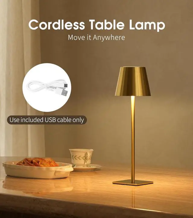 Alt view image 2 of 7 - UME 3 Pack Cordless Table Lamp, Battery Operated Lamp - Portable Waterproof Rechargeable Table Lamp w/ 3 Color Temps & Stepless Dimming for Dinner, Desk, Cafe, Outdoor (Brushed Gold)