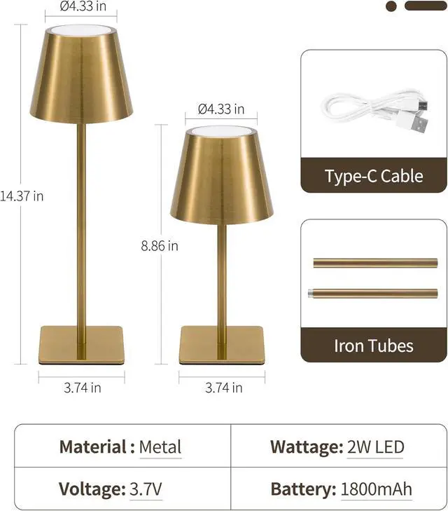 Alt view image 6 of 7 - UME 3 Pack Cordless Table Lamp, Battery Operated Lamp - Portable Waterproof Rechargeable Table Lamp w/ 3 Color Temps & Stepless Dimming for Dinner, Desk, Cafe, Outdoor (Brushed Gold)