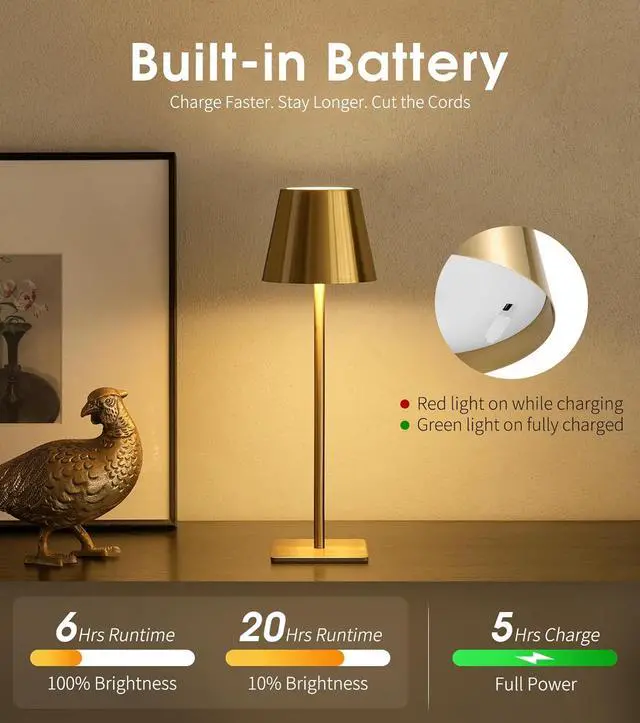 Alt view image 5 of 7 - UME 3 Pack Cordless Table Lamp, Battery Operated Lamp - Portable Waterproof Rechargeable Table Lamp w/ 3 Color Temps & Stepless Dimming for Dinner, Desk, Cafe, Outdoor (Brushed Gold)