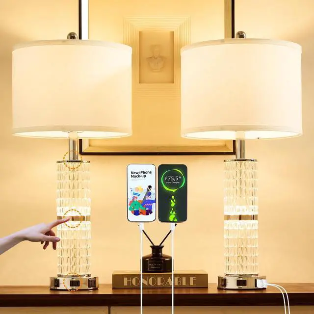 Main image of Crystal Table Lamp Set of 2, Modern Touch Lamp with Nightlight, 3-Way Dimmable Bedroom Lamp with 2 USB Ports & AC Outlets for Living Room Bedside Nightstand Lamp