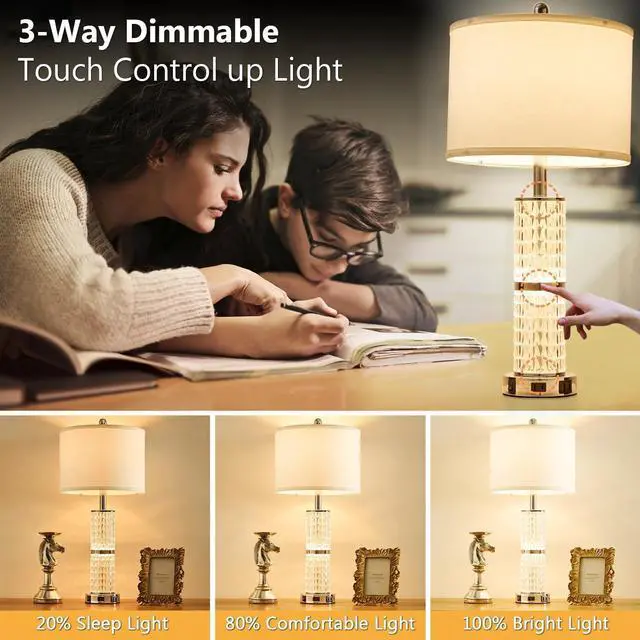 Alt view image 2 of 7 - Crystal Table Lamp Set of 2, Modern Touch Lamp with Nightlight, 3-Way Dimmable Bedroom Lamp with 2 USB Ports & AC Outlets for Living Room Bedside Nightstand Lamp