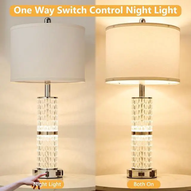Alt view image 3 of 7 - Crystal Table Lamp Set of 2, Modern Touch Lamp with Nightlight, 3-Way Dimmable Bedroom Lamp with 2 USB Ports & AC Outlets for Living Room Bedside Nightstand Lamp