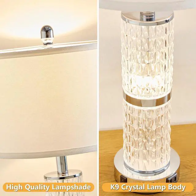 Alt view image 5 of 7 - Crystal Table Lamp Set of 2, Modern Touch Lamp with Nightlight, 3-Way Dimmable Bedroom Lamp with 2 USB Ports & AC Outlets for Living Room Bedside Nightstand Lamp