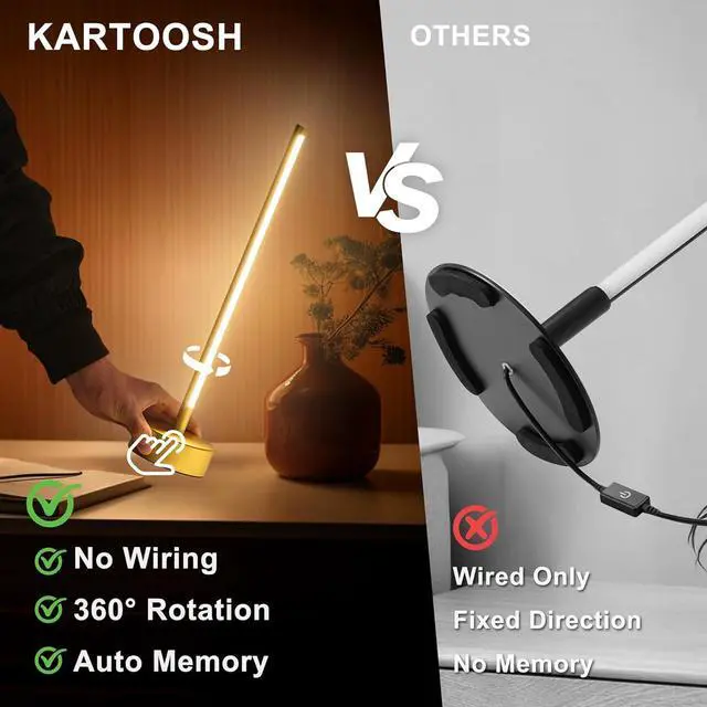 Alt view image 3 of 7 - Cordless LED Table Lamp Set of Two, Battery Operated Portable Desk Lamp,Dimmable/3 Color/Memory Function,Modern Rechargeable Table Light for Living Room,Bedroom,Bedside,Gold, 2 Pack