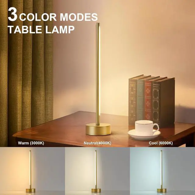 Alt view image 4 of 7 - Cordless LED Table Lamp Set of Two, Battery Operated Portable Desk Lamp,Dimmable/3 Color/Memory Function,Modern Rechargeable Table Light for Living Room,Bedroom,Bedside,Gold, 2 Pack