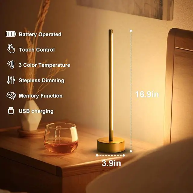 Alt view image 6 of 7 - Cordless LED Table Lamp Set of Two, Battery Operated Portable Desk Lamp,Dimmable/3 Color/Memory Function,Modern Rechargeable Table Light for Living Room,Bedroom,Bedside,Gold, 2 Pack
