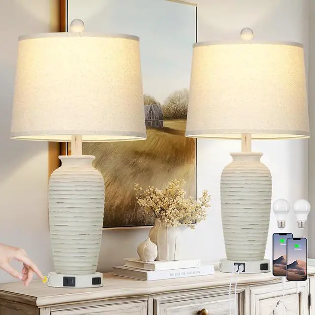 Main image of 25" Retro White Farmhouse Jar Table Lamps Set of 2, 3 Way Touch Control Rustic Bedside Lamps with USB A+C Ports & AC Outlet, Pot Nightstand Lamps for Bedroom Living Room (LED Bulbs Included)