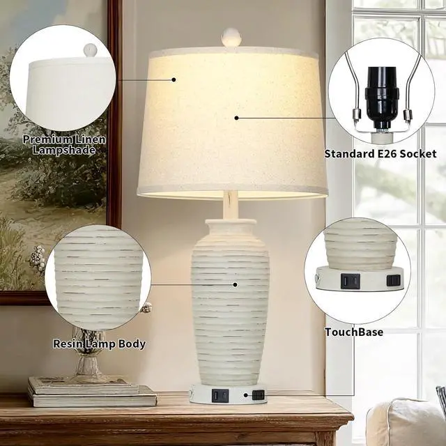 Alt view image 3 of 7 - 25" Retro White Farmhouse Jar Table Lamps Set of 2, 3 Way Touch Control Rustic Bedside Lamps with USB A+C Ports & AC Outlet, Pot Nightstand Lamps for Bedroom Living Room (LED Bulbs Included)