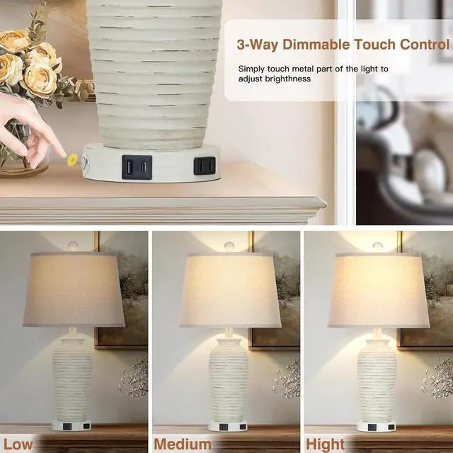 Alt view image 5 of 7 - 25" Retro White Farmhouse Jar Table Lamps Set of 2, 3 Way Touch Control Rustic Bedside Lamps with USB A+C Ports & AC Outlet, Pot Nightstand Lamps for Bedroom Living Room (LED Bulbs Included)