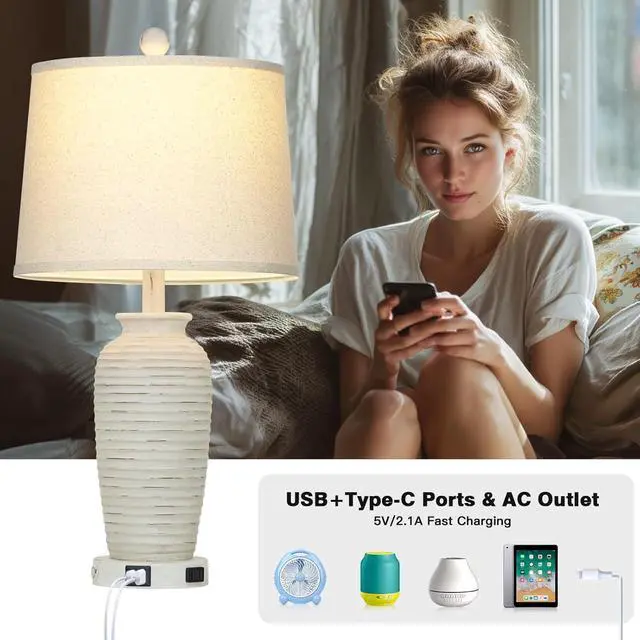 Alt view image 6 of 7 - 25" Retro White Farmhouse Jar Table Lamps Set of 2, 3 Way Touch Control Rustic Bedside Lamps with USB A+C Ports & AC Outlet, Pot Nightstand Lamps for Bedroom Living Room (LED Bulbs Included)