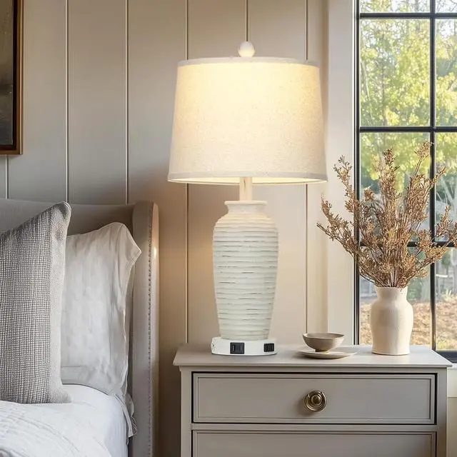 Alt view image 4 of 7 - 25" Retro White Farmhouse Jar Table Lamps Set of 2, 3 Way Touch Control Rustic Bedside Lamps with USB A+C Ports & AC Outlet, Pot Nightstand Lamps for Bedroom Living Room (LED Bulbs Included)