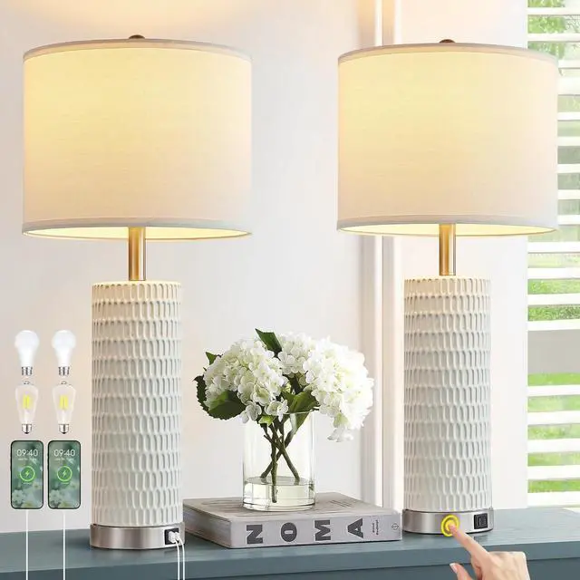 Main image of 26.5" Ceramic Table Lamp Set of 2, 3 Way Dimmable Touch Control Table Lamp with 2 USB Charging Ports for Bedroom Living Room, Modern Nightstand Lamp End Table Lamps, Bulbs Included