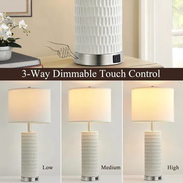 Alt view image 3 of 7 - 26.5" Ceramic Table Lamp Set of 2, 3 Way Dimmable Touch Control Table Lamp with 2 USB Charging Ports for Bedroom Living Room, Modern Nightstand Lamp End Table Lamps, Bulbs Included