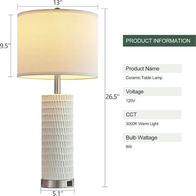 Alt view image 4 of 7 - 26.5" Ceramic Table Lamp Set of 2, 3 Way Dimmable Touch Control Table Lamp with 2 USB Charging Ports for Bedroom Living Room, Modern Nightstand Lamp End Table Lamps, Bulbs Included