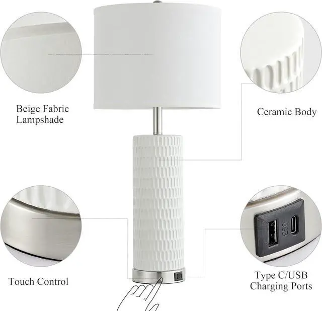 Alt view image 5 of 7 - 26.5" Ceramic Table Lamp Set of 2, 3 Way Dimmable Touch Control Table Lamp with 2 USB Charging Ports for Bedroom Living Room, Modern Nightstand Lamp End Table Lamps, Bulbs Included