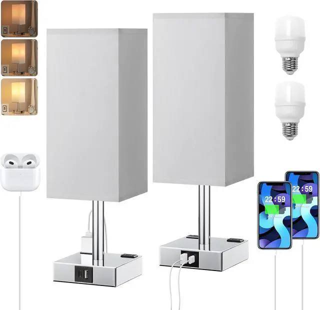 Main image of Touch Bedside Table Lamp Set of 2-3-Way Dimmable Night Lamp with USB A + Type C Charging Ports and Two AC Outlets, Small Desk Light with E26 LED Bulb for Bedroom Living Room Dorm Office