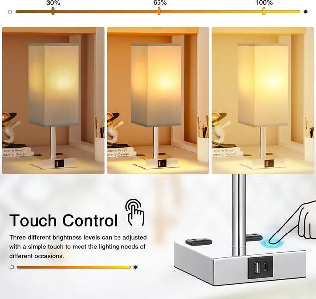 Alt view image 2 of 7 - Touch Bedside Table Lamp Set of 2-3-Way Dimmable Night Lamp with USB A + Type C Charging Ports and Two AC Outlets, Small Desk Light with E26 LED Bulb for Bedroom Living Room Dorm Office