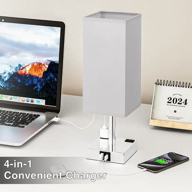 Alt view image 3 of 7 - Touch Bedside Table Lamp Set of 2-3-Way Dimmable Night Lamp with USB A + Type C Charging Ports and Two AC Outlets, Small Desk Light with E26 LED Bulb for Bedroom Living Room Dorm Office