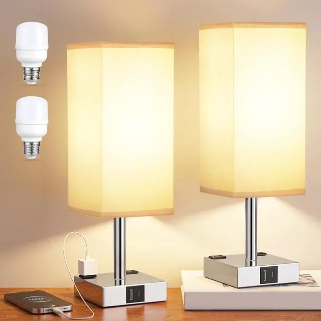 Alt view image 7 of 7 - Touch Bedside Table Lamp Set of 2-3-Way Dimmable Night Lamp with USB A + Type C Charging Ports and Two AC Outlets, Small Desk Light with E26 LED Bulb for Bedroom Living Room Dorm Office