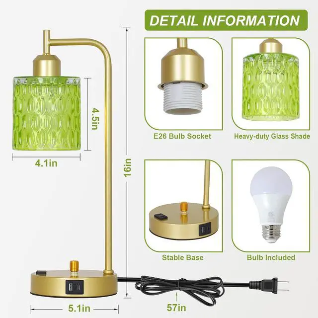 Alt view image 3 of 7 - Green Table Lamp with USB Port and Outlet Set of 2, Glass Bedside Table Lamp for Bedroom, Retro Desk Lamps for Home Office, Mid Century Modern Small Night Stand Lamps, Gold Rustic Desk Light