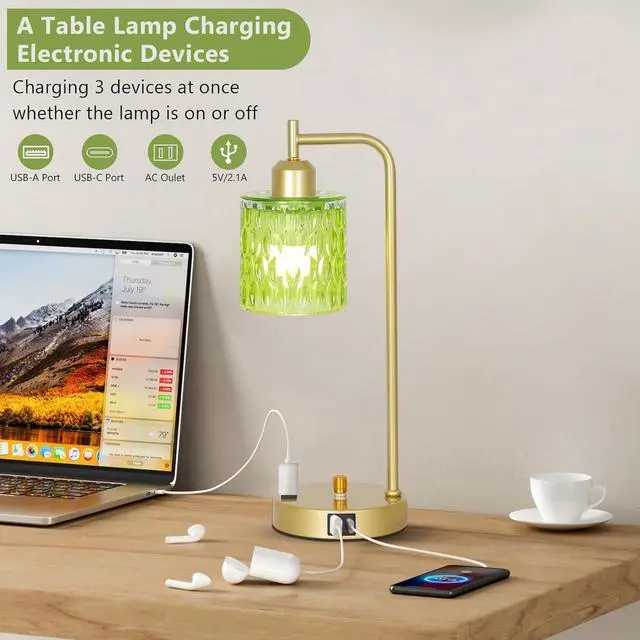 Alt view image 2 of 7 - Green Table Lamp with USB Port and Outlet Set of 2, Glass Bedside Table Lamp for Bedroom, Retro Desk Lamps for Home Office, Mid Century Modern Small Night Stand Lamps, Gold Rustic Desk Light