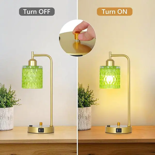 Alt view image 4 of 7 - Green Table Lamp with USB Port and Outlet Set of 2, Glass Bedside Table Lamp for Bedroom, Retro Desk Lamps for Home Office, Mid Century Modern Small Night Stand Lamps, Gold Rustic Desk Light