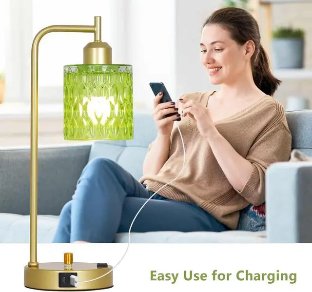 Alt view image 5 of 7 - Green Table Lamp with USB Port and Outlet Set of 2, Glass Bedside Table Lamp for Bedroom, Retro Desk Lamps for Home Office, Mid Century Modern Small Night Stand Lamps, Gold Rustic Desk Light