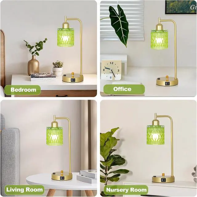 Alt view image 6 of 7 - Green Table Lamp with USB Port and Outlet Set of 2, Glass Bedside Table Lamp for Bedroom, Retro Desk Lamps for Home Office, Mid Century Modern Small Night Stand Lamps, Gold Rustic Desk Light