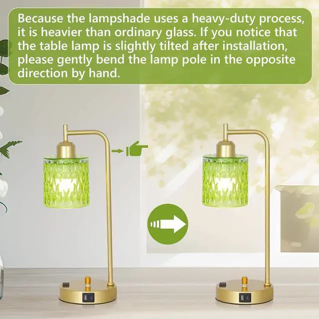 Alt view image 7 of 7 - Green Table Lamp with USB Port and Outlet Set of 2, Glass Bedside Table Lamp for Bedroom, Retro Desk Lamps for Home Office, Mid Century Modern Small Night Stand Lamps, Gold Rustic Desk Light
