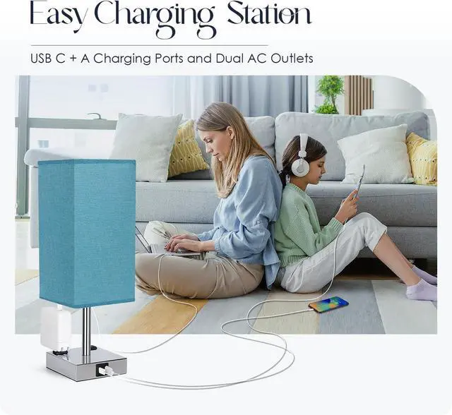 Alt view image 6 of 7 - Bedside Lamp with USB Ports - Touch Control Table Lamp for Bedroom with USB C+A Charging Ports & AC Outlets, 3 Way Dimmable Nightstand Light with Flaxen Shade for Living Room (LED Bulb Included, Blue)