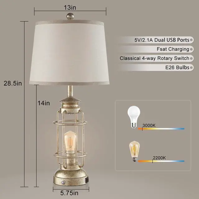 Alt view image 2 of 7 - 28.5" Retro Industrial Table Lamp for Living Room Bedroom Set of 2 Dimmable Touch Control Bedside Farmhouse Lamps with USB A+C Charging Ports and 2 Light Sources