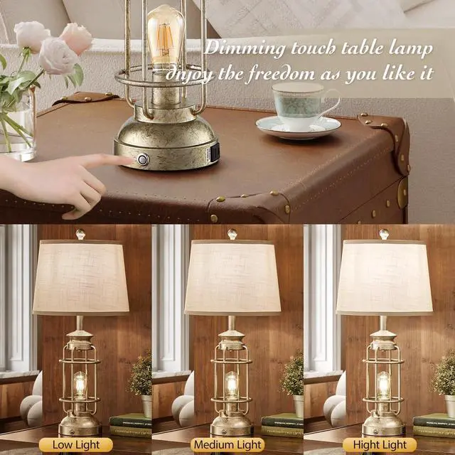 Alt view image 4 of 7 - 28.5" Retro Industrial Table Lamp for Living Room Bedroom Set of 2 Dimmable Touch Control Bedside Farmhouse Lamps with USB A+C Charging Ports and 2 Light Sources