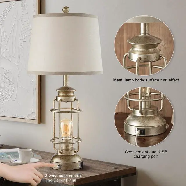 Alt view image 5 of 7 - 28.5" Retro Industrial Table Lamp for Living Room Bedroom Set of 2 Dimmable Touch Control Bedside Farmhouse Lamps with USB A+C Charging Ports and 2 Light Sources