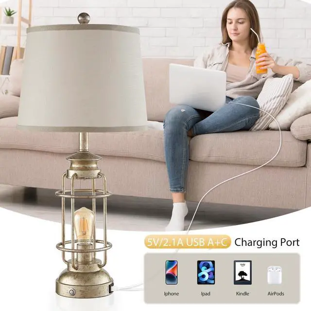 Alt view image 6 of 7 - 28.5" Retro Industrial Table Lamp for Living Room Bedroom Set of 2 Dimmable Touch Control Bedside Farmhouse Lamps with USB A+C Charging Ports and 2 Light Sources