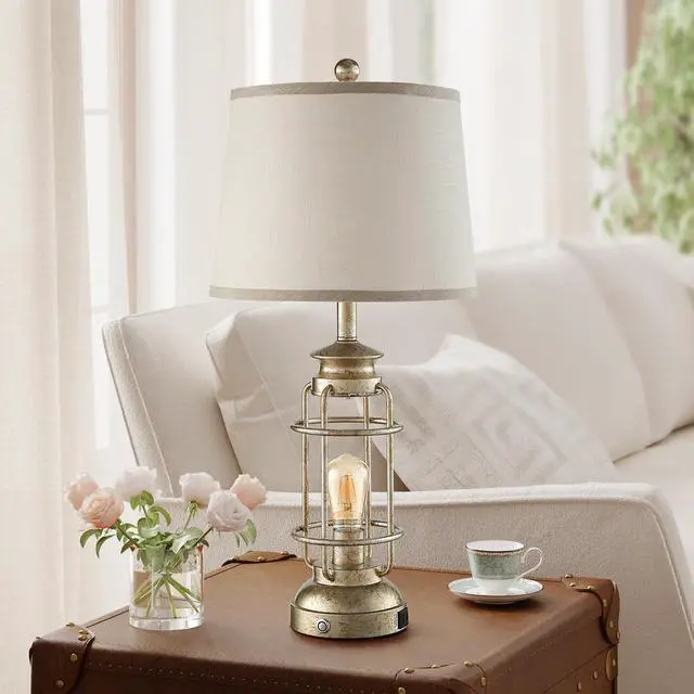 Alt view image 3 of 7 - 28.5" Retro Industrial Table Lamp for Living Room Bedroom Set of 2 Dimmable Touch Control Bedside Farmhouse Lamps with USB A+C Charging Ports and 2 Light Sources