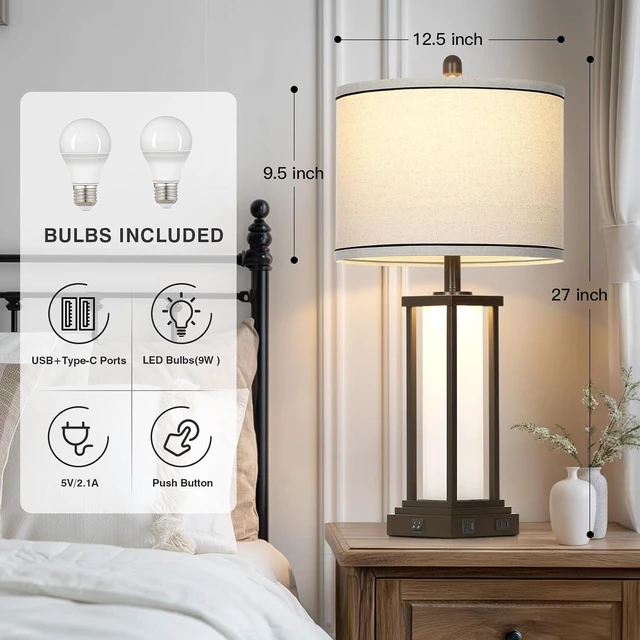 Alt view image 2 of 7 - 27in Tall Farmhouse Table Lamp Set of 2 with USB C+A & Outlet,Brown Industrial End Table Lamp for Living Room,Vintage Rustic Bedside Lamps with Night Light for Bedroom Nightstand,Brown