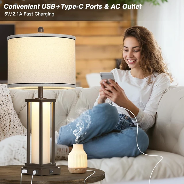 Alt view image 3 of 7 - 27in Tall Farmhouse Table Lamp Set of 2 with USB C+A & Outlet,Brown Industrial End Table Lamp for Living Room,Vintage Rustic Bedside Lamps with Night Light for Bedroom Nightstand,Brown