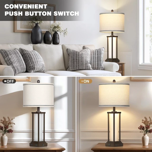 Alt view image 4 of 7 - 27in Tall Farmhouse Table Lamp Set of 2 with USB C+A & Outlet,Brown Industrial End Table Lamp for Living Room,Vintage Rustic Bedside Lamps with Night Light for Bedroom Nightstand,Brown