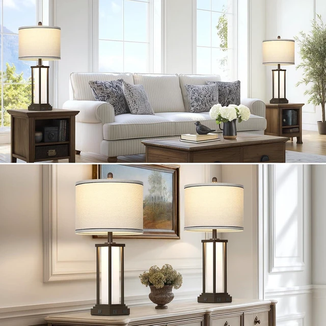 Alt view image 5 of 7 - 27in Tall Farmhouse Table Lamp Set of 2 with USB C+A & Outlet,Brown Industrial End Table Lamp for Living Room,Vintage Rustic Bedside Lamps with Night Light for Bedroom Nightstand,Brown