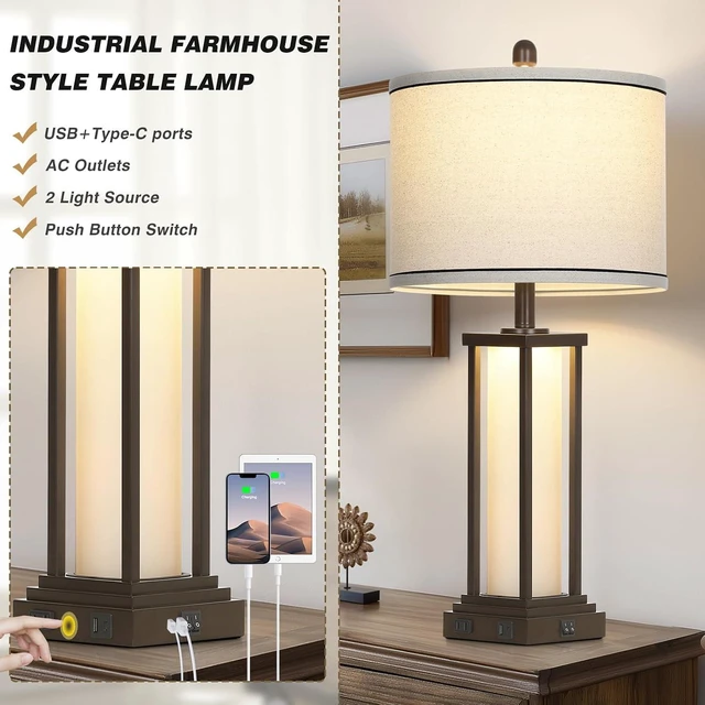 Alt view image 6 of 7 - 27in Tall Farmhouse Table Lamp Set of 2 with USB C+A & Outlet,Brown Industrial End Table Lamp for Living Room,Vintage Rustic Bedside Lamps with Night Light for Bedroom Nightstand,Brown