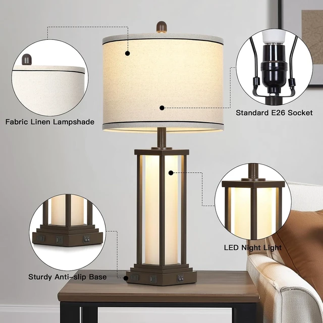 Alt view image 7 of 7 - 27in Tall Farmhouse Table Lamp Set of 2 with USB C+A & Outlet,Brown Industrial End Table Lamp for Living Room,Vintage Rustic Bedside Lamps with Night Light for Bedroom Nightstand,Brown